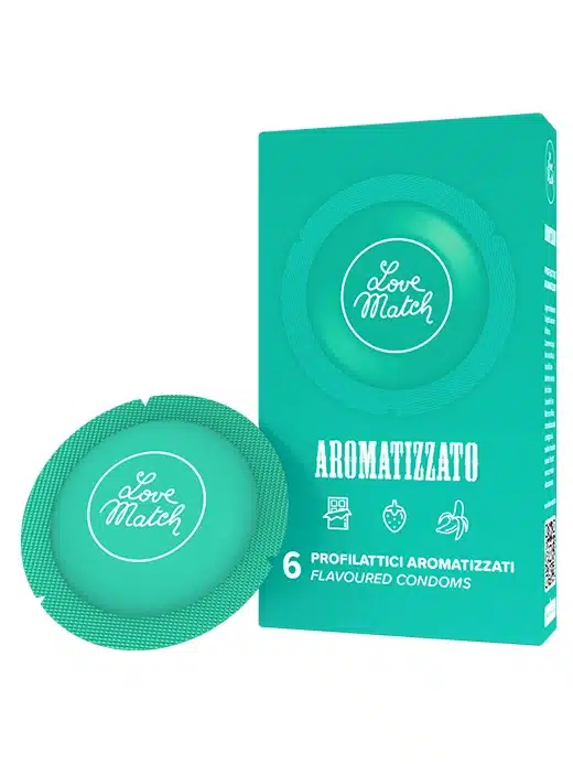 680066-kondomer-med-smak-banan-sjokolade-strawberry-red-gul-prevensjon-sikker-sex Love Match Aromatizzato – Kondomer med smak 6stk - Grønn - Bilde 1