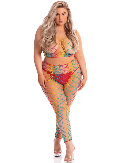 7223078XRNBW-catsuit-netting-fishnet-fishnet-fiskenetting-nettingstromper-nettingundertoy-undertoy-pride-rainbow-06 Pink Lipstick - Rainbow Stockings - Queen Size - Bilde 1