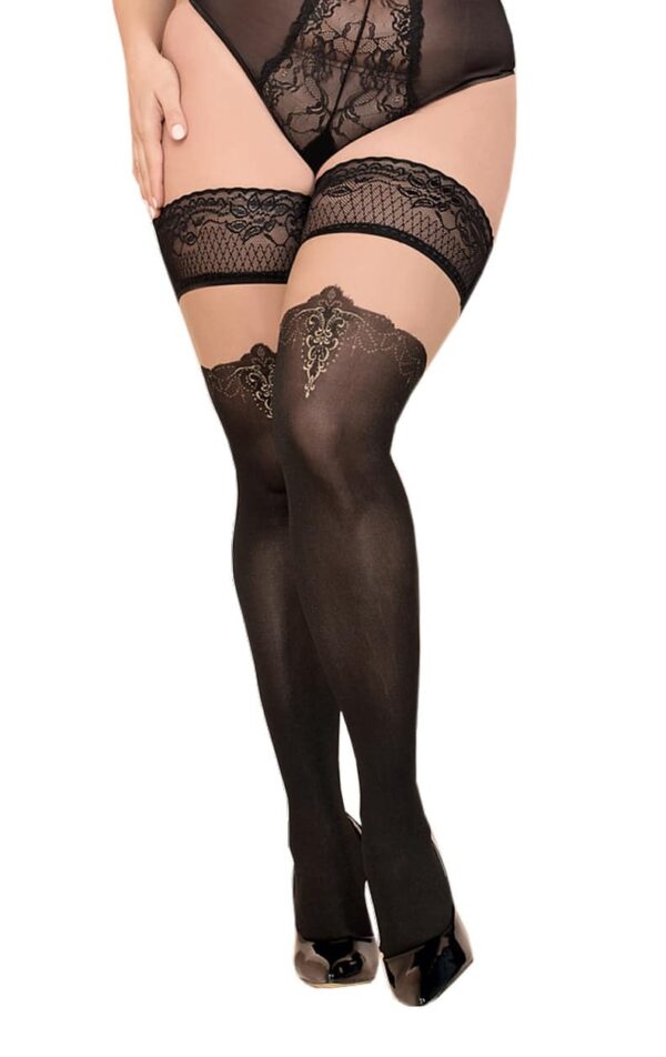 Ballerina Secret - Soft - Sorte strømper kant og mønster ved kne - Hold up - Plus Size