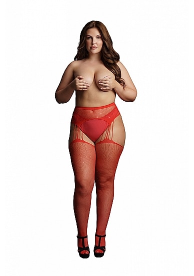 Le Desir - Suspender Pantyhose av netting og rhinestones - Rød - Queen Size - XL til 4XL Le Desir - Suspender Pantyhose av netting og rhinestones - Rød - Queen Size - XL til 4XL