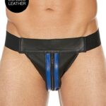 Ouch! Striped Front Zip Jock - Jockstrap - Bonded Leather - Sort/Blå