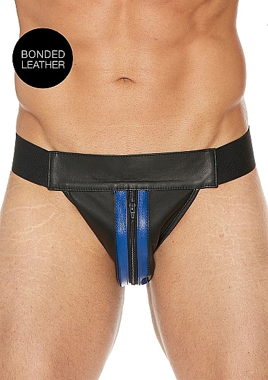 Ouch! Striped Front Zip Jock - Jockstrap - Bonded Leather - Sort/Blå