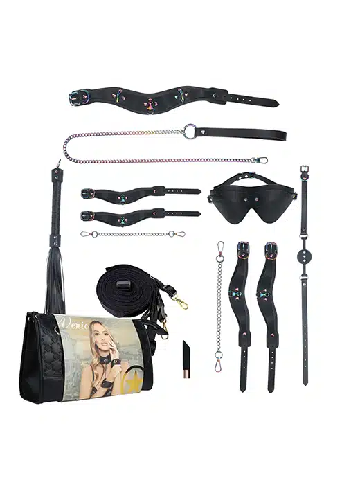 OU961BLK-ouch-venecia-cuffs-collar-sett-bondage-seng-gag-blindfold-flogger-lenke_4 Ouch! The Venice Collection - Komplett sett med veske - Bilde 1