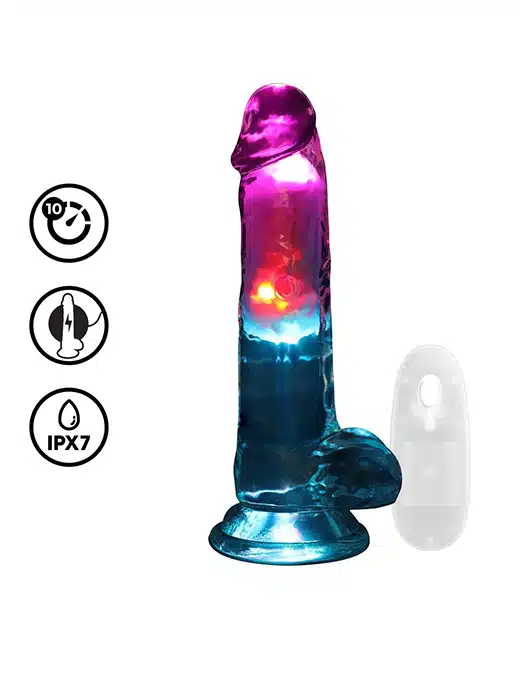 REA205TRA_realrock-vibrator-dildo-penis-cock-dong-oppladbar-led_7 Realrock - Oppladbar vibrator med pung - LED lys - 7" - Bilde 1